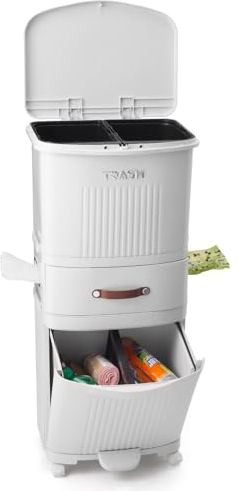 Warmiehomy Recycling Bins for Kitchen Double Bin with Pedal 45L Dry and Wet Separation Rubbish Bin with Inner Bucket 3 Compartment Bin with Wheels