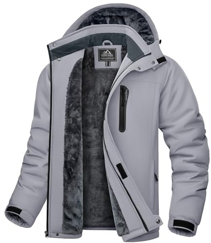 KEFITEVD Mens Fleece Jacket Winter Waterproof Warm Ski Jacket for Men Winter Hiking Mountain Coat with Hood LGrey S