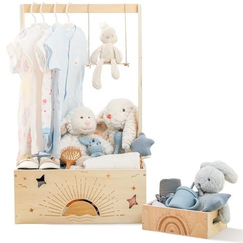 OESSUF trälåda babyduschkorg, babykorg med justerbart handtag, babyförvaringslåda, klädhängare, presentinslagningskorg för nyfödda flickor och pojkar, graviditetsgåvor (soluppgång + regnbåge)