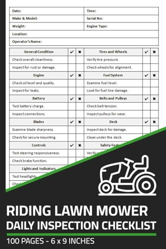 Riding Lawn Mower Daily Inspection Checklist: Ride On Lawn Mower Pre-Start Inspection Report Book | Safety & Maintenance Inspection Forms for Riding Lawn Mowers
