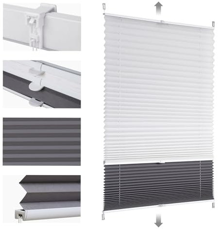 Sekey Plissee Doppelplissee Day+Night Verdunkelung ohne Bohren verspannt Lichtschutz, Klemmfix, 60x120cm Weiß und Grau