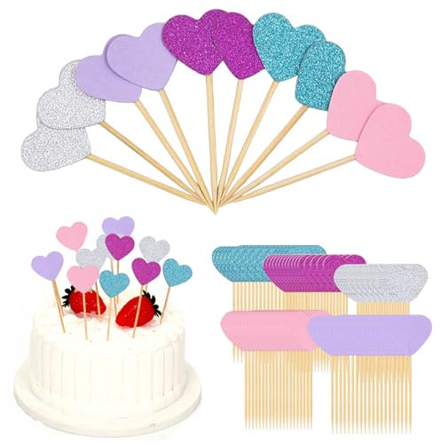 100 Stück Muffin Deko Geburtstag, Herzen Cupcake Deko Mehrfarbig Cupcake Topper Hochzeitsherzen Muffin Topper für Jahrestag Braut Party Geburtstag Valentinstag