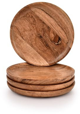 Indus Lifespace Juego de 4 platos llanos de madera de acacia para ensalada, fruta, platos ligeros (15,2 x 15,2 x 1,9 cm)