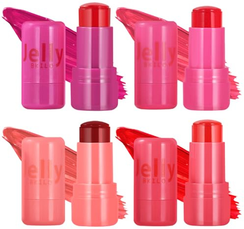 4 unidades de gelatina de leche Blush Milk Jelly Blush Stick para ojos, mejillas y labios de larga duración y construibles con ácido hialurónico y aloe, juego de maquillaje ligero transpirable para