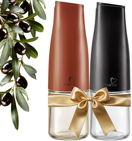 itsufirst® Olive Oil Vinegar Dispenser Set – 2x500ml Glass Pourer Bottles, Auto Flip, Non Drip Drizzlers – Leakproof Oil Bottle for Kitchen Cooking, Love & Celestial (Earthy Red+Matte-Black) Pack Of 2