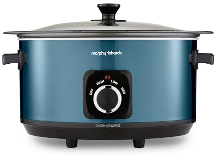 Morphy Richards Accents 6.5L Sear & Stew Slow Cooker, Shatter Resistant Non Stick Aluminium Pot, Single Pot Cooking, 3 Heat Settings, Hob Proof, Glass Lid, Easy Clean & View, Blue, 461023
