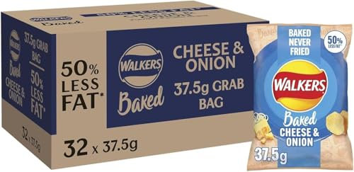 Walkers Oven Baked Crisps 37.5g Bags, Low Calorie Snacks (32 Bags x 37.5g, Cheese & Onion)