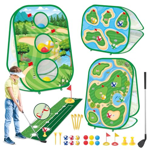 3-in-1 Kids Golf Chipping Game Set with Club, Golf Putting Practice Accessories, Boys Toys Training Equipment with 3-Sided Mat Balls Nails Flags for Indoor Outdoor Garden Park