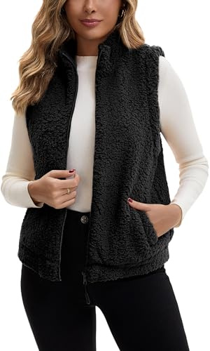 AIEOE Gilets Chauds Sans Manches Automne Hiver avec Poches Polaire Teddy Veste Gilet pour Femmes Élégant Léger Taille XL Noir