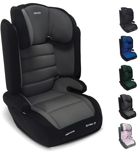 My Babiie MBCSB30 Highback Booster Car Seat - 100-150cm (Approx. 4-12 Years, Group 2/3), i-Size R129, Adjustable Child High Back Seat, Padded, 8 Position Headrest - Grey & Black