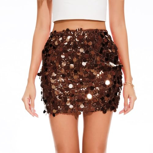 LEACOOLKEY Gonna con Paillettes per Donna Mini Lucente Elastica Bodycon per Feste Natalizie Serale Party Gonna Glitter