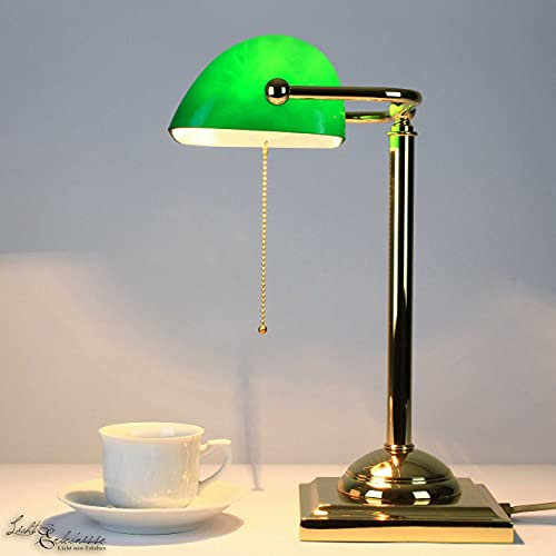 Bankerlampe Grün Glas Gold 24 Karat Jugendstil Handarbeit Zugschalter E27 Design Leuchte Schreibtisch Beistelltisch