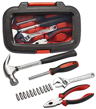Haushalt Werkzeug Set, von Trimate, 15-teilig, Set beinhaltet - Hammer, Schraubenschlüssel, Zange (Werkzeug für Zuhause, Büro oder Auto) (Rot)