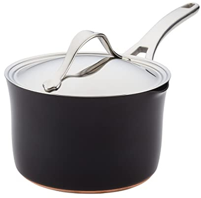 Anolon Nouvelle Copper Luxe Hard-Anodized Nonstick Straining Saucepan, 3.5-Quart, Onyx