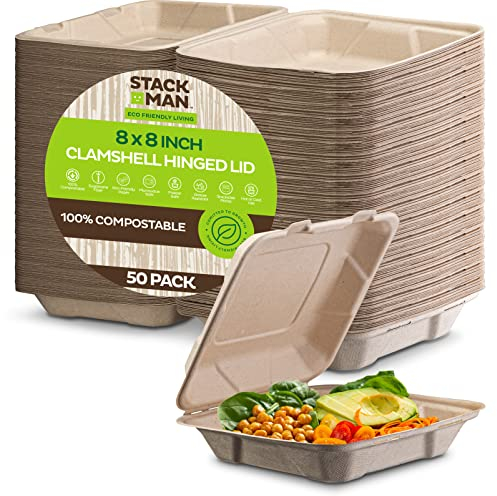 100% Compostable Clamshell Take Out Food Containers [8X8 50-Pack] Heavy-Duty Quality to go Containers, Natural Disposable Bagasse, Eco-Friendly Biodegradable Made of Sugar Cane Fibers