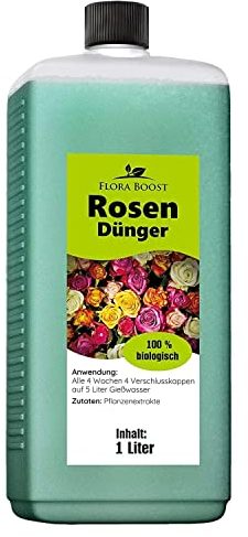 Konfitee Rosen Dünger Flora Boost 1000ml I Für bis zu 200L Gießwasser I Langzeitdünger für alle Arten von Rosen geeignet I Flüssiger Blatt- & Wurzeldünger I 100% natürlicher Pflanzendünger