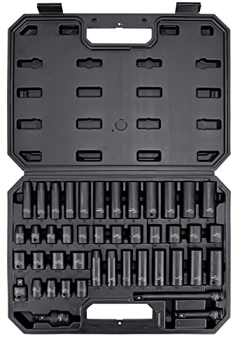 Amazon Basics Juego de llaves de vaso para destornillador de impacto de 6 puntos, 0,95 cm, con maletín de transporte. 44 piezas