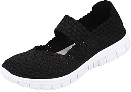 ERLINGO Womens Walking Shoes Woven Light Weight Elastic Trainers Breathable Walking Fashion Sneakers Comfort Slip On Sport Shoes Mary Jane Flat Sneakers