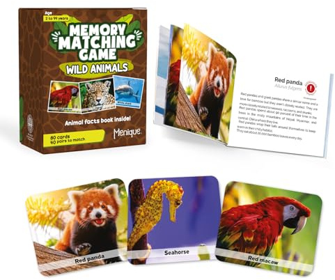 Menique Wild Animals Memory Matching Game – 80 Cards (40 Pairs) with Real Photos – Includes Educational Booklet with Animal Facts – Fun & Cognitive Game for Kids and Adults