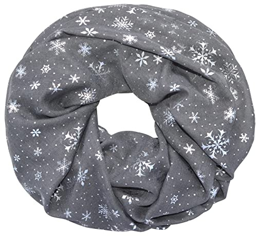 thb Richter Damen Schlauchschal Loopschal Rundschal Christmas Weihnachten Schneeflocken Halstuch Halsschal Loop Schal Weich (Silber Schneeflocken - Dunkelgrau)