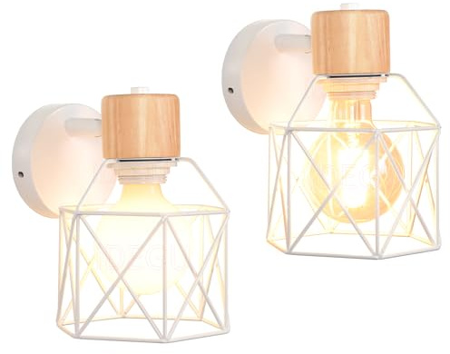 iDEGU 2 Piezas Lámparas de Pared Vintage 15CM Aplique Pared Interior de Madera y Metal Industrial Diseño de Jaula Ajustable Iluminación E27 Luz de Techo para Dormitorio Pasillo Salón Café (Blanco)