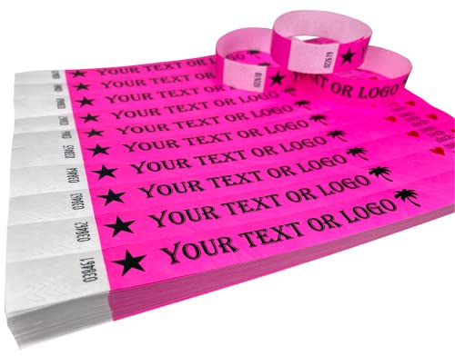 100 Braccialetti Rosa neon Polsini stampati personalizzati di Tyvek con il vostro testo o logo personalizzato per eventi, feste, festival, ID