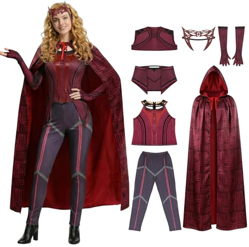 SINSEN Costume de Wanda Maximoff pour femme Sorcière Écarlate Cosplay Ensemble Pantalon Cape Tenue Coiffe pour Fête d'Halloween M