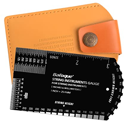 String Action Gauge Ruler, Guitar Set Up Gauge,Multifunctional Guitar Fret Rocker Luthier Tool with Thick Leather Case,Precise Etched, Polished Edge (Inch and Metric)