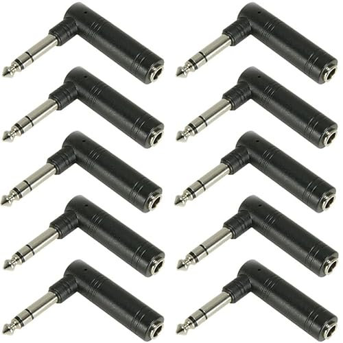CableStop® - Adattatore stereo da 6,35 mm da spina maschio a femmina da 1/4, 90 gradi (confezione da 10)