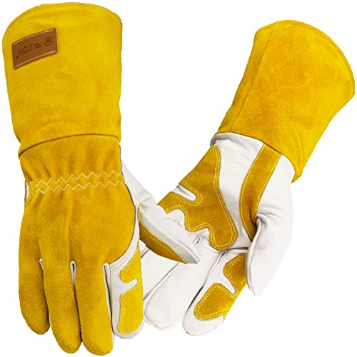 WZQH Professional MIG/TIG Welding Gloves Medium, Reinforced Palm & Thumb & Index Finger, Seamless Forefinger, Top Grain Leather Cowhide, Extremely Comfort and Flexible, 14 Inches for Extra Protection
