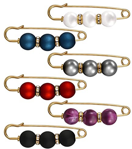 Emibele 6 Pièces Broches de Perles Artificielles, Épingle de Vetements en Alliage, Broche de Sécurité Durable pour Châle Pantalon, Accessoire de Bijoux Décoratif pour Dames Femmes Filles, Multicolore