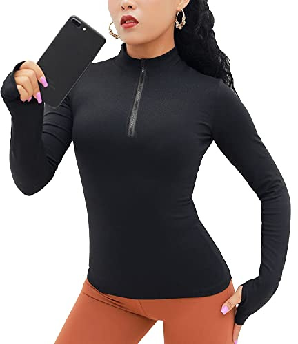 KOEMCY Maglia Manica Lunga Donna Sportiva Maglietta Yoga Palestra Top 1/4 Zip Running Shirt Sportivo Allenamento Camicie per i Pollici Fitness Maglietta da Corsa (Nero,S)