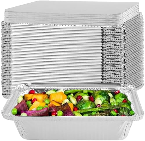 FUNSUEI 50 vassoi in alluminio con coperchi, contenitori per alimenti da 1100 ml, per la conservazione degli alimenti, la cottura al forno e la cucina per feste, 21,5 x 16 x 5 cm