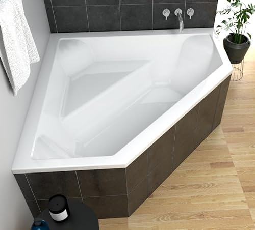 ECOLAM Badewanne IRMA 140 x 140 cm | Eckwanne Eckbadewanne + Styropor Wannenträger befliesbar symmetrisch Acryl weiß Ablaufgarnitur Ab- und Überlauf Automatik Füße Silikon