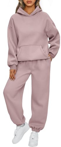 AUTOMET Tenue de détente 2 pièces pour femme, sweat à capuche ample et pantalon de survêtement avec poches, pour l’automne, Rose foncé, X-Large