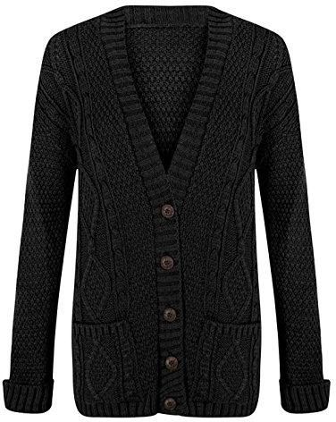 Purple Hanger New Womens Everyday Long Sleeve Button Top Ladies Chunky Aran Cable Knit Grandad Cardigan (18-20, Black)