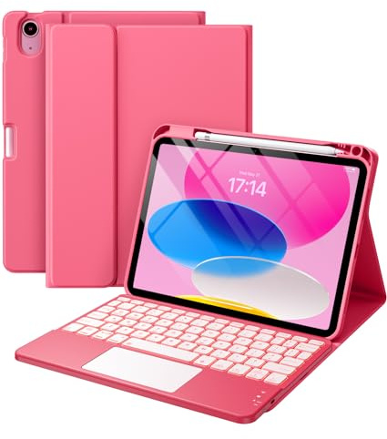 Harvopu Compatible for iPad 11th 10th Generation Case with Keyboard, Folio Cover with Pencil Holder, Multi-Touch Trackpad, 7 Color Backlit, Detachable Keyboard for iPad (A16) 11th/10th Gen (Pink)