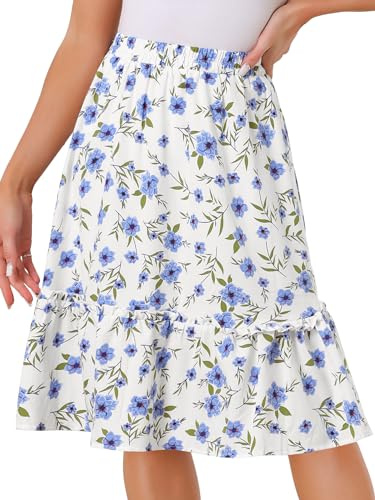 Allegra K Women's Ruffle Hem Flowy Tiered A-Line Floral Midi Skirts Light Blue M
