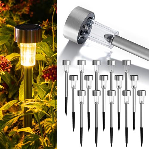 GIGALUMI Paquete de 16 Luces Solares de Camino para Exteriores, Impermeables, Iluminación LED de Paisaje de Acero Inoxidable para Jardín y Entrada