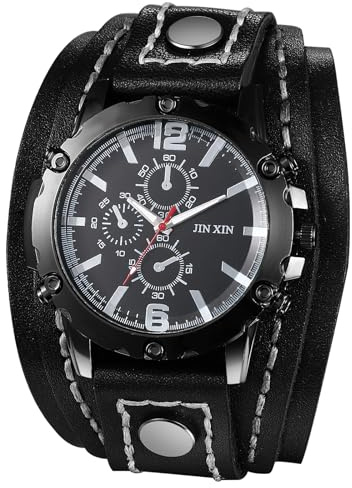 JewelryWe Herrenuhr Steampunk Echtleder Uhr: Vintage Punk Analog Quarz Armbanduhr Herren Schwarz Breit Geschichtet Lederarmband Lässige Sport Uhr für Halloween Männer Vater Ehemann