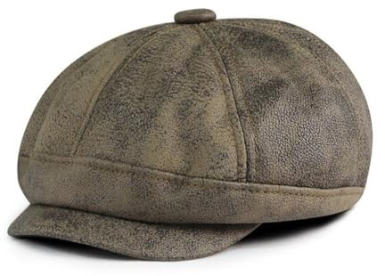 YAMEE Vintage Newsboy Hat Leather Flat Cap Octagonal Hat Distressed Painter's hat (UK, Alpha, One Size, Black Coffee)