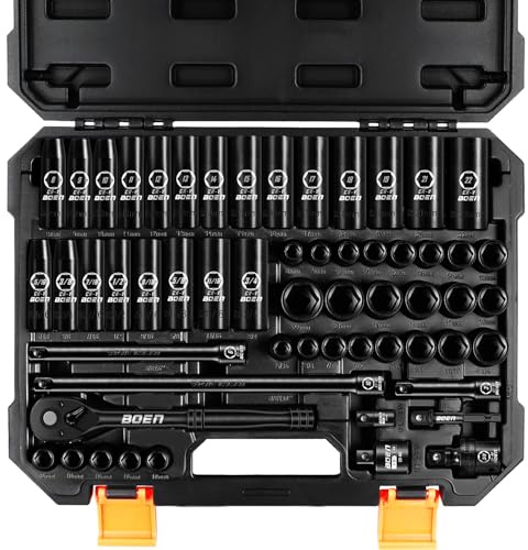 BOEN 3/8 Drive Impact Socket Set, 57-Piece Standard SAE (5/16 to 3/4 inch) and Metric (8-22mm), Include Ratchet Handle, Extension Bar, Universal Joint, Adapter, and Additional 5 10mm Sockets