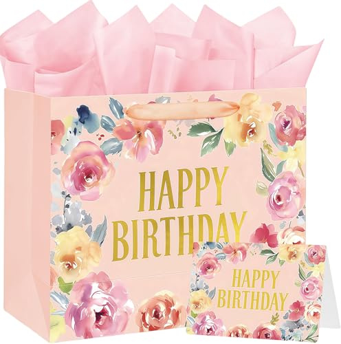 Sac cadeau grand format 33 cm x 12 cm x 26 cm, sac cadeau floral de luxe avec carte cadeau et papier de soie, sacs de fête pour cadeaux, grand sac cadeau d'anniversaire pour elle