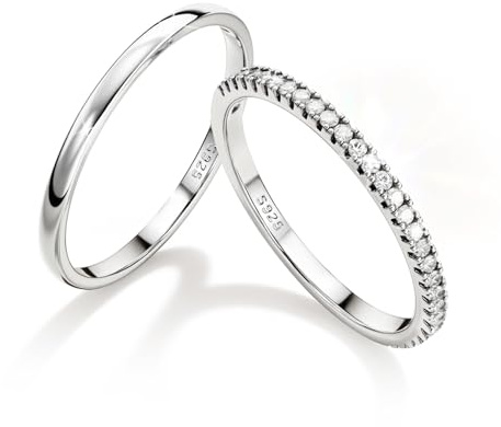 MILACOLATO 2Pcs Solid 925 Sterling Silver Rings for Women 1.3mm Thin Non Tarnish White Gold Plated Plain Thumb Stackable Rings Half Cubic Zirconia Wedding Eternity Band Rings S8