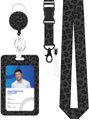 Ausweishülle mit Band Modische Sliding Ausweishülle Leopard Print Kunststoff Kartenhalter mit Einziehbaren Badge Reel Karabiner Abnehmbare Lanyard für Büroangestellte Lehrer Doktor Student (C)