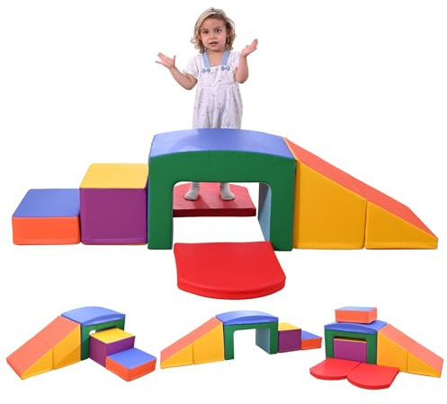 Helangel Bloques de construcción de Espuma XXL para niños, Bloques de Espuma para Escalar con Funda de Cuero, Juego Suave para Escalar para niños pequeños de 1 a 3 años (Arcoíris-6pcs)