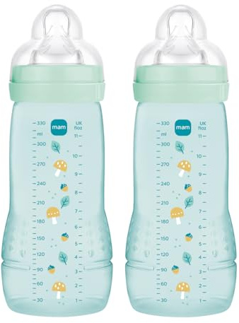 MAM Pack 2 Biberones, a partir de 6 Meses, 330ml, con Tetina X Especial Líquidos Espesos de Silicona de Fácil Aceptación, Fácil de Sostener, Fácil de Limpiar, MAM Easy Active, Azul, Pack de 2uds