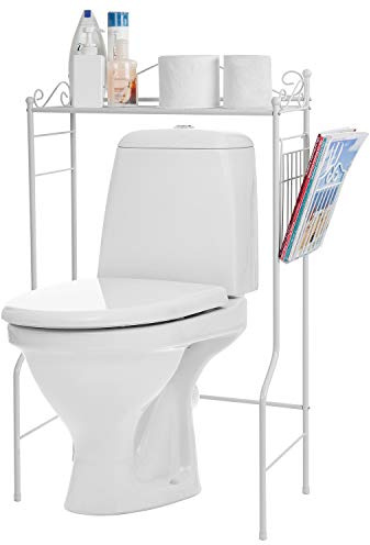 MyGift Over The Toilet Standing Shelf Storage with Magazine Basket, Freestanding Bathroom Space Saver Organizer Rack, White Metal Vintage Scrollwork Accents