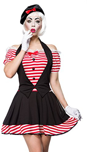 Damen Pantomime Kostüm Verkleidung mit Streifen Muster und Knöpfen mit Kleid, Mütze und Handschuhe OneSize