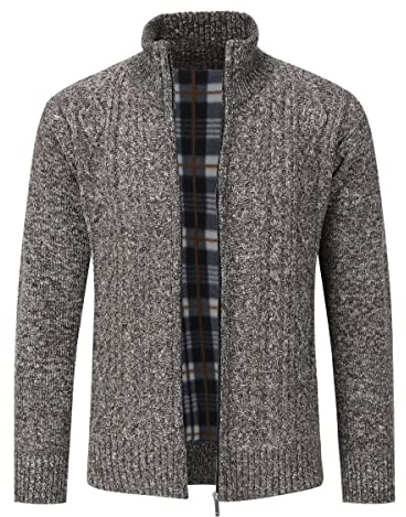 Stickad cardigan för män, tjock tröja, full dragkedja, stående krage, varm jumper, fleecefodrad vinterrock, Brun, S